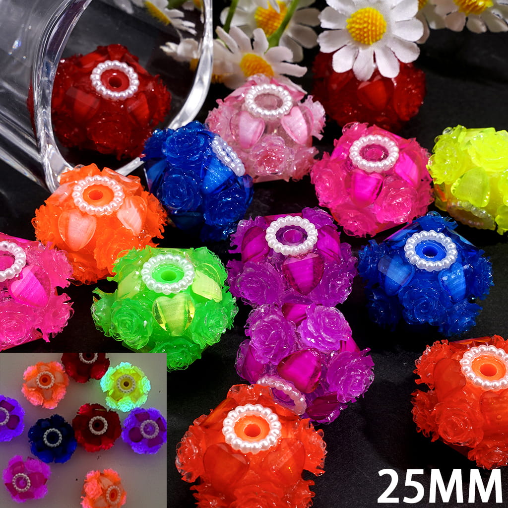 Handcrafted Acrylic Beads w Luminous Rose Flowers & Hearts Rhinestones White Pearl Chains, Fluorescent Colors 25MM Random Mix