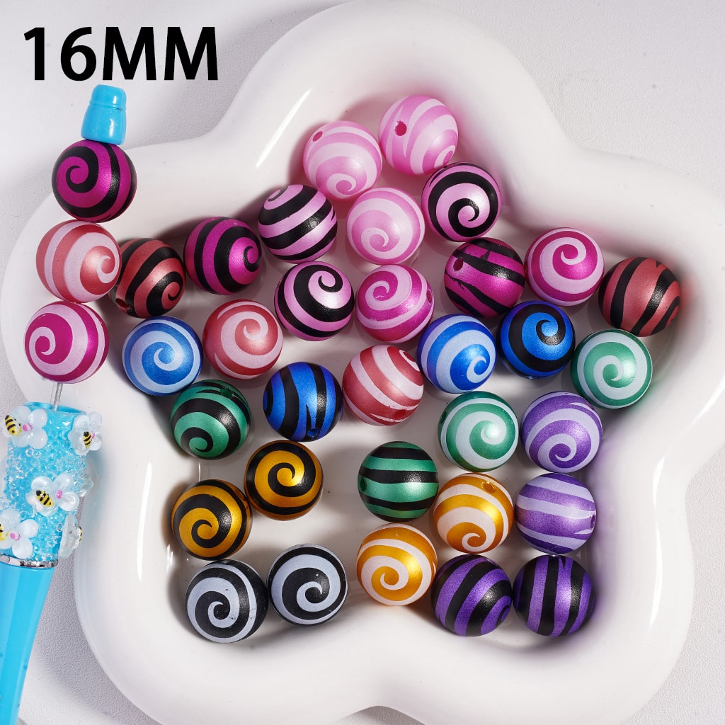 Acrylic Beads Frosted Matte Lollipop Swirl Stripes, Multi-Color, 16MM