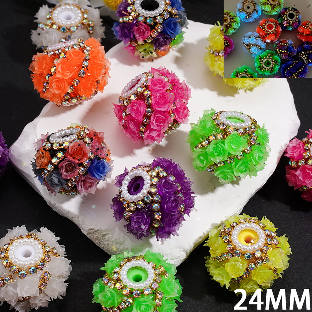 Handcrafted Acrylic Beads w  Luminous Soft Rose Flowers & AB Rhinestone Chains & White Pearl Loop Neon Colors 24MM Random Mix