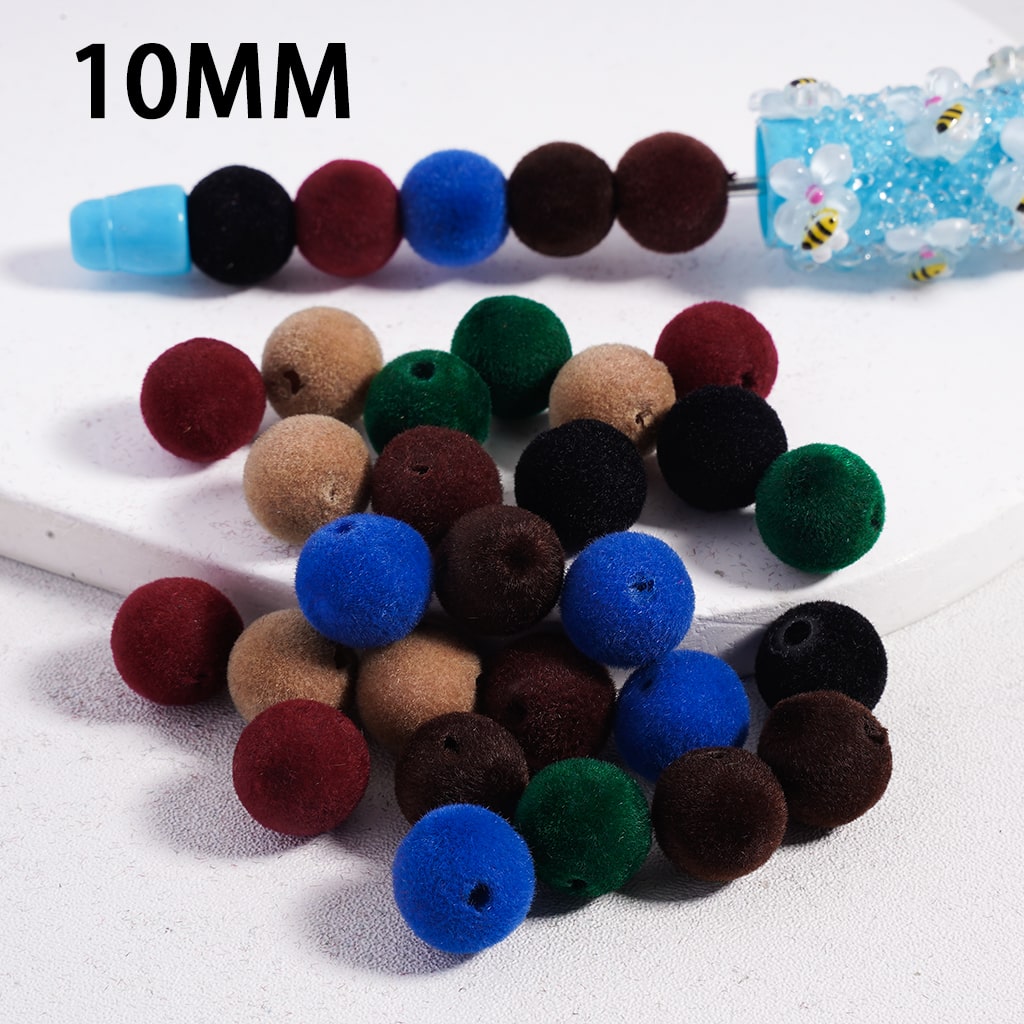 Acrylic Beads Flocked Fluffy, Round Shape, Dark Multi-Color, Random Mix, 10MM