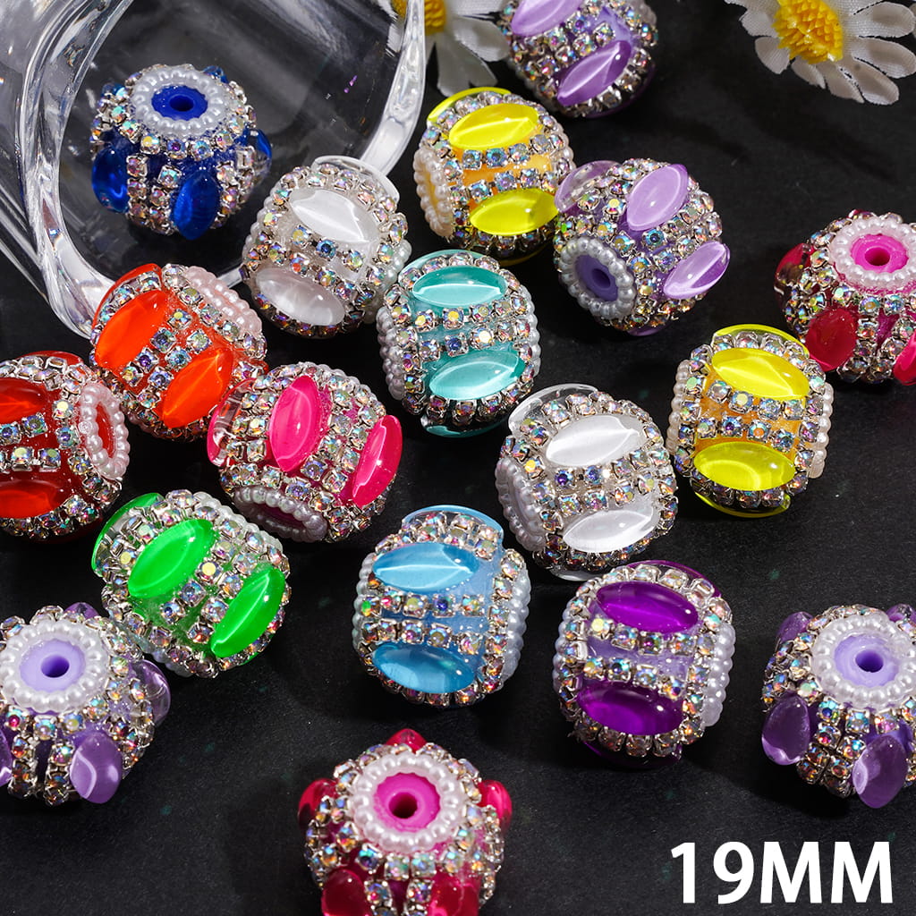 Hand Made Acrylic Beads w Marquise AB Rhinestone & White Pearl Chains, Fluorescence Colors 19MM Random Mix