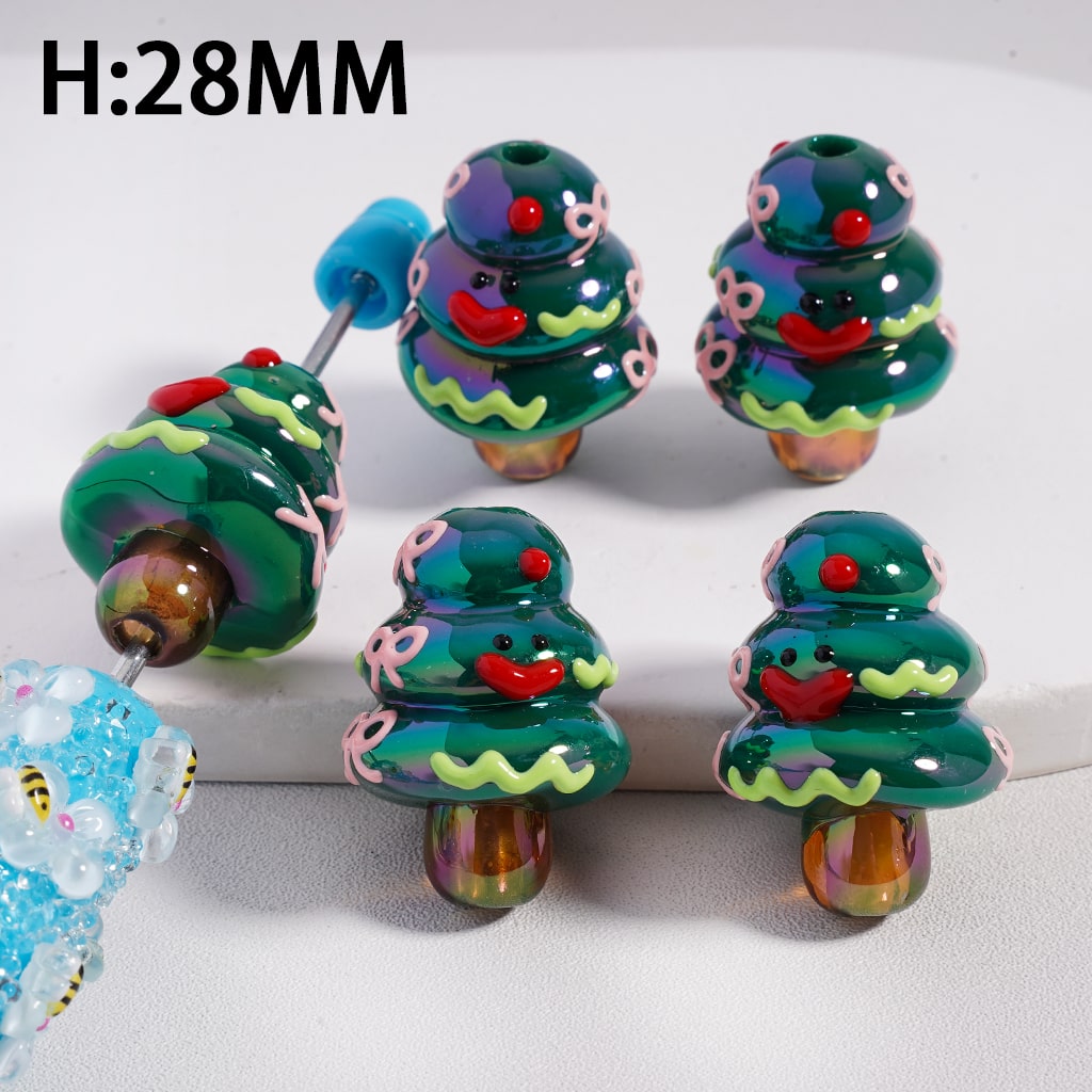 Acrylic Beads UV Coating Green Christmas Tree with Pink Bowtie Red Heart Green Wave Line Height 28MM