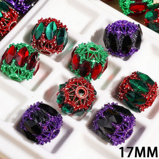 17MM - Acrylic Beads with Metal Base and Marquise Cut Rhinestones, Christmas and Halloween Theme, Multi-Color