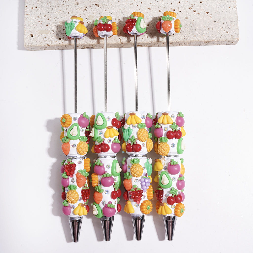 Fruit Vegetable Series Beadable Clay Pens, with Pineapple Banana Grape Pumpkin Pear Cherry Mangosteen Carrot Cactus & AB Rhinestones