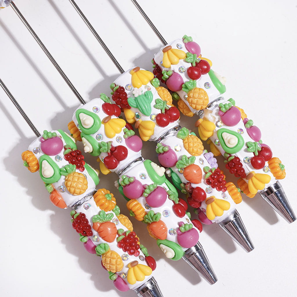 Fruit Vegetable Series Beadable Clay Pens, with Pineapple Banana Grape Pumpkin Pear Cherry Mangosteen Carrot Cactus & AB Rhinestones