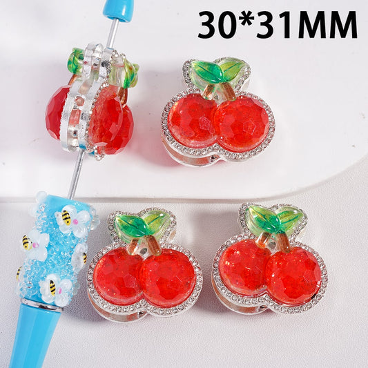 Silver Color Metal Beads with Glittery Cherry and Clear Rhinestones, 30*31MM