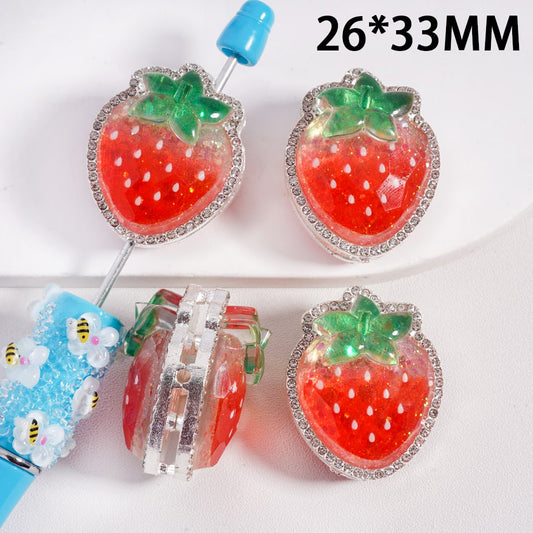 Silver Color Metal Beads with Glittery Strawberry Design and Clear Rhinestones, 26*33MM