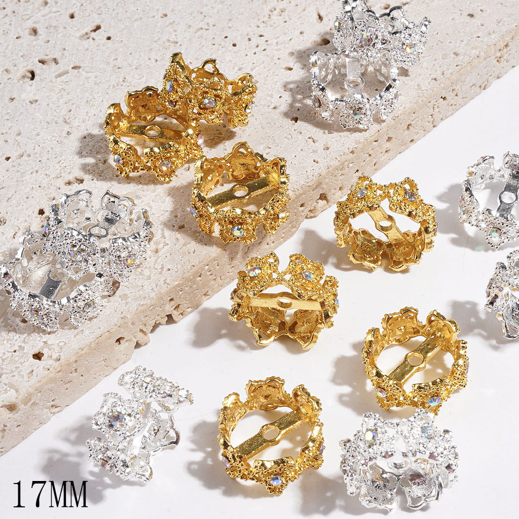 Crown Design Style Bead Cages, Alloy Bead Cap with Camellia Flowers & AB Rhinestones, 17MM, Gold & Silver (They Fit 16MM Beads)