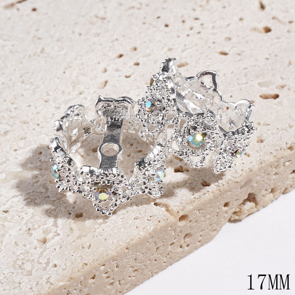Crown Design Style Bead Cages, Alloy Bead Cap with Camellia Flowers & AB Rhinestones, 17MM, Gold & Silver (They Fit 16MM Beads)