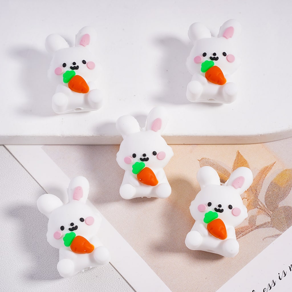 Silicone Focal Beads 3D Cute White Rabbit Smiling with Small Black Eyes Holding Carrot