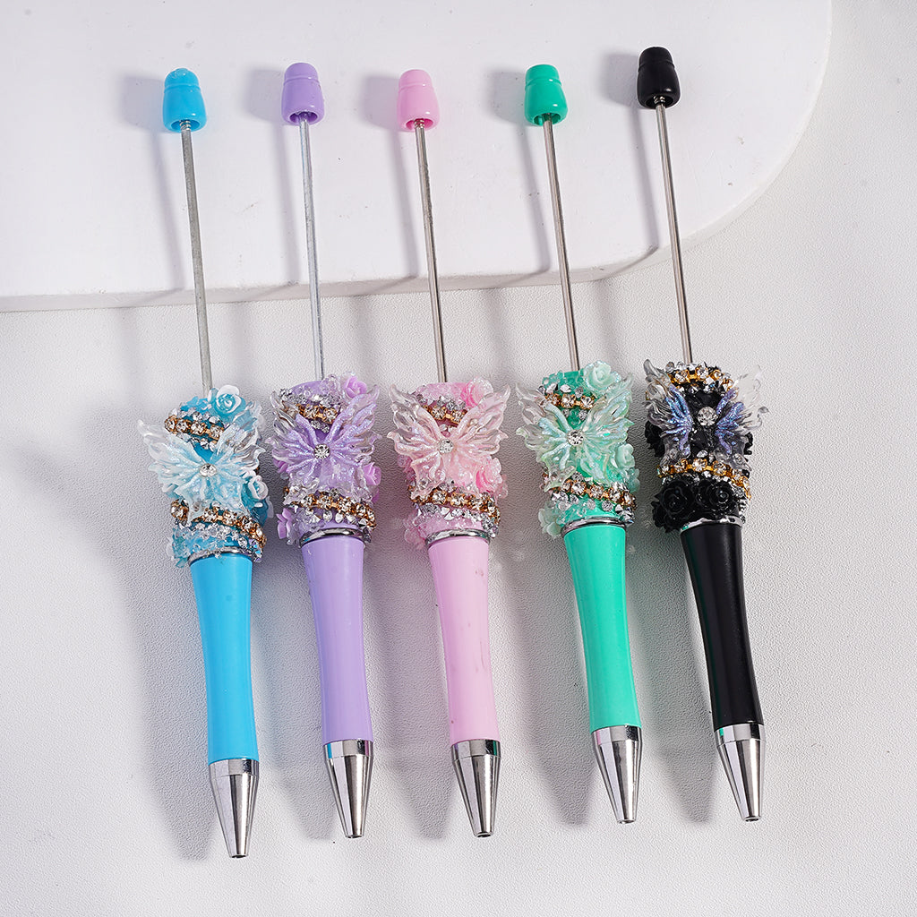 Solid Color Beadable Pens with Shiny Butterflies Cute Flowers Clear Rhinestones Chains Clear Sugar