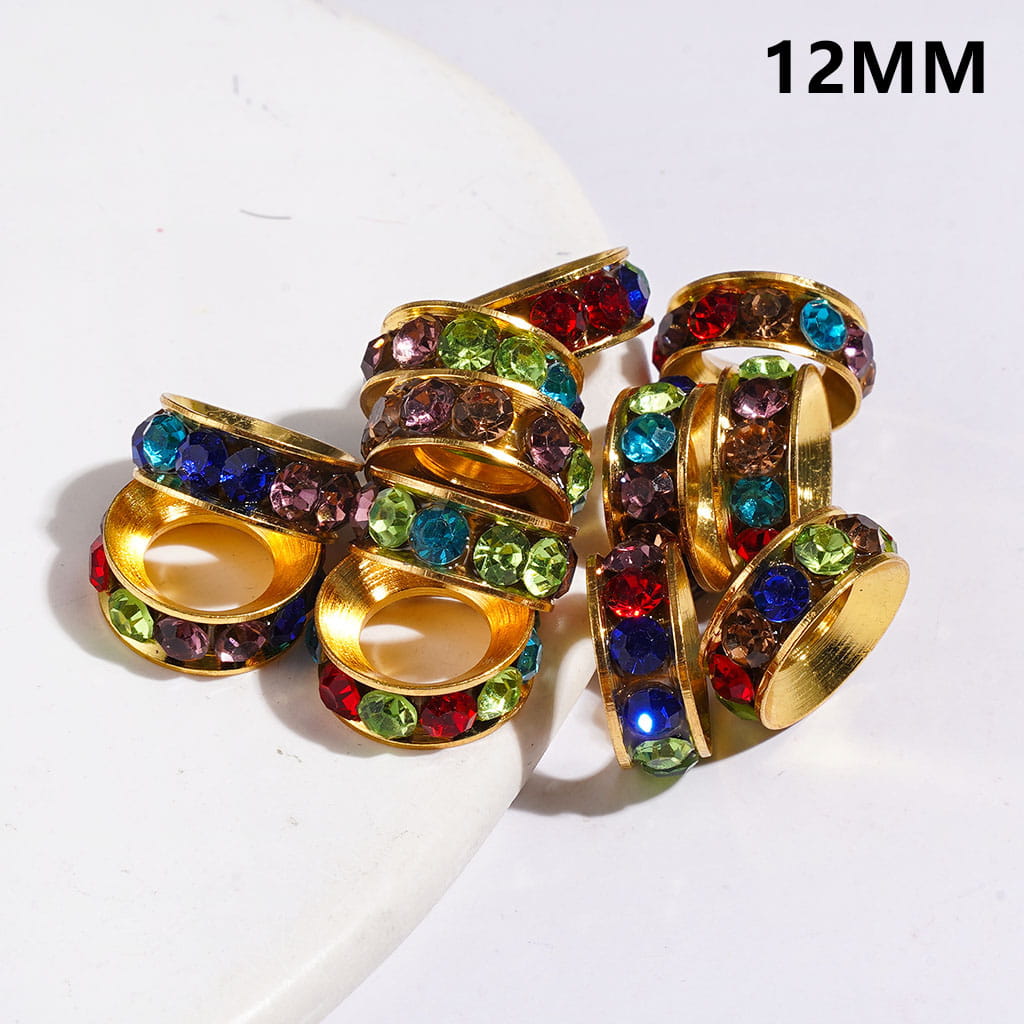 Gold & Silver Metal Beads Large Hole Ring Spacer with AB Clear Rhinestones, 12MM