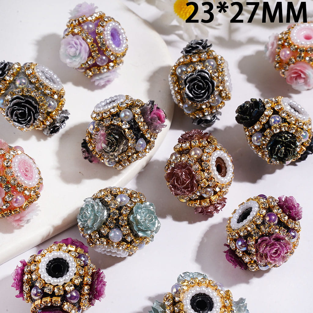 Handmade Acrylic Beads with Rose Flower and UV-Coated Half-Shell Pearl, White Pearl & Clear Rhinestones, 23*27MM Random Mix Multi-Color
