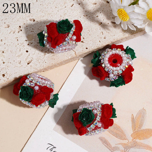 Handmade Acrylic Beads w Fluffy Green & Red Rose Flower, AB Rhinestone & White Pearl Chains, 23MM