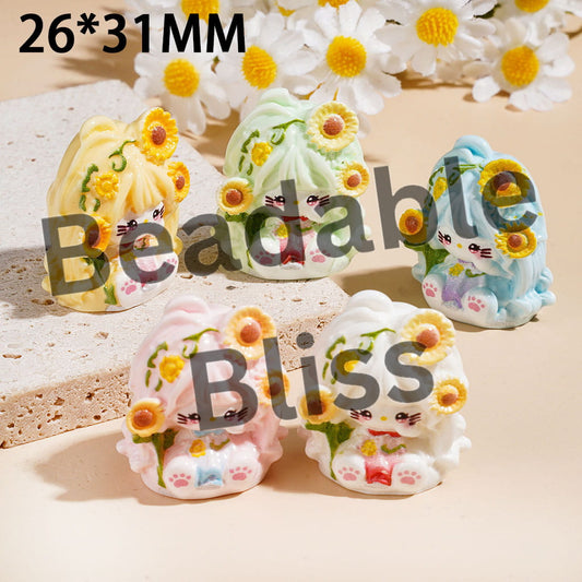 Cute Cat Character with Graceful Long Hair and Sun Flower, Acrylic Beads for Figurine and Pen Topper, 26*31MM, Random Mix
