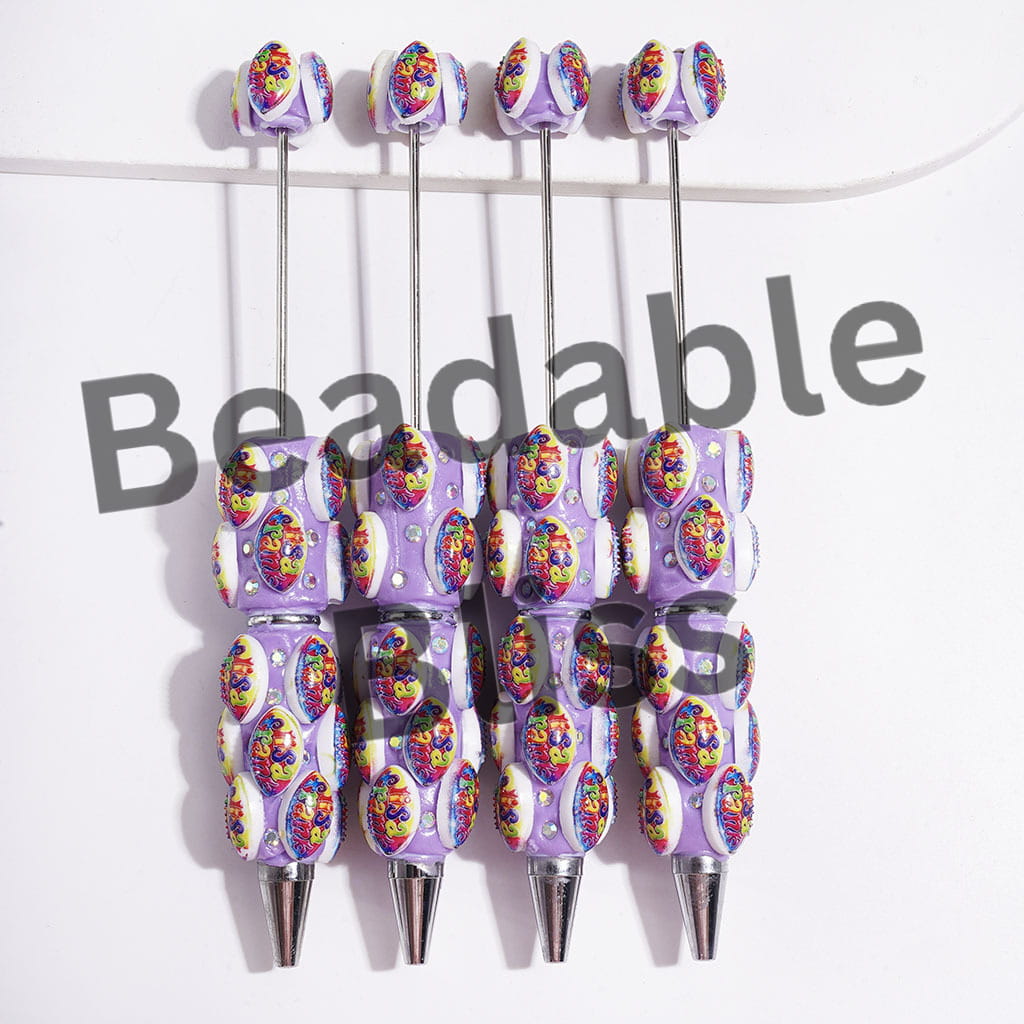 AB Rhinestones and American Football Shape with Colorful Text "Li.. Fr..." Beadable Clay Pens, Purple Pen Base