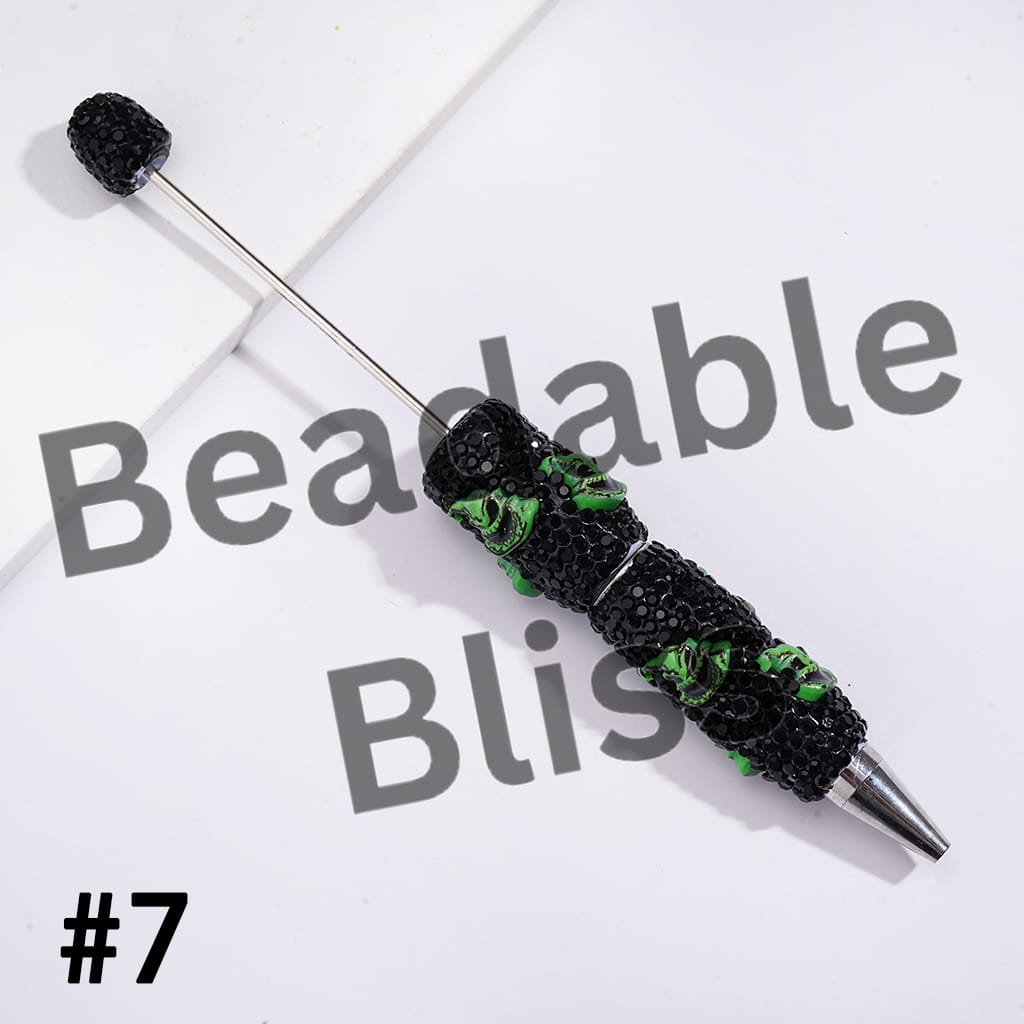 Beadable Clay Pens with Halloween Horror Character Series and Black Rhinestones Covered the Entire Pen