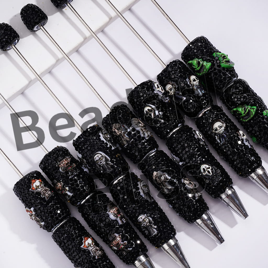 Beadable Clay Pens with Halloween Horror Character Series and Black Rhinestones Covered the Entire Pen