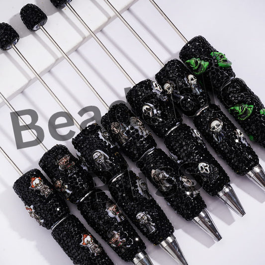 Beadable Clay Pens with Halloween Horror Character Series and Black Rhinestones Covered the Entire Pen