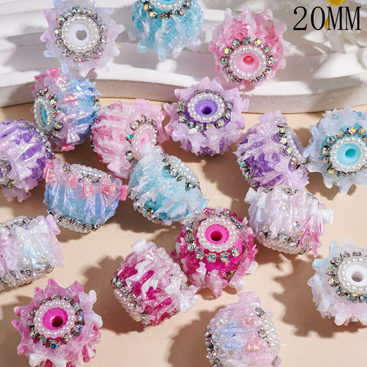 Handmade Acrylic Sugar Beads with Gradient Color Bowtie with Gold Glitter, AB Rhinestone and White Pearl Chains, 20MM Random Mix Multi-Color