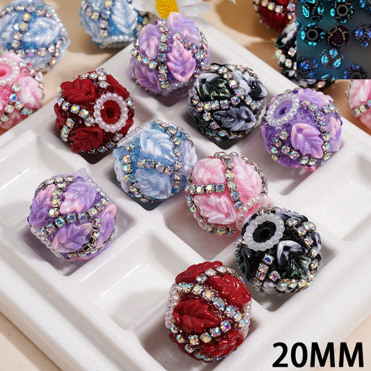 Hand-Made Acrylic Sugar Beads w Luminous Fine Rhine Leaf Design, AB Rhinestone Chain & Pearl Trim, 20MM, Random Mix