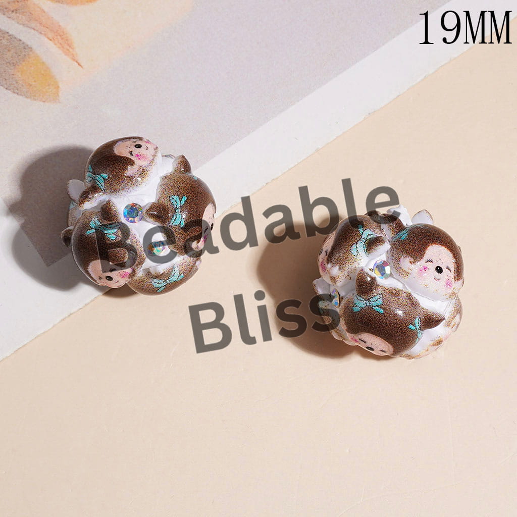 Clay Beads with Baby Girl Monkey Doll Character with Teal Bowtie and AB Rhinestones, 19MM