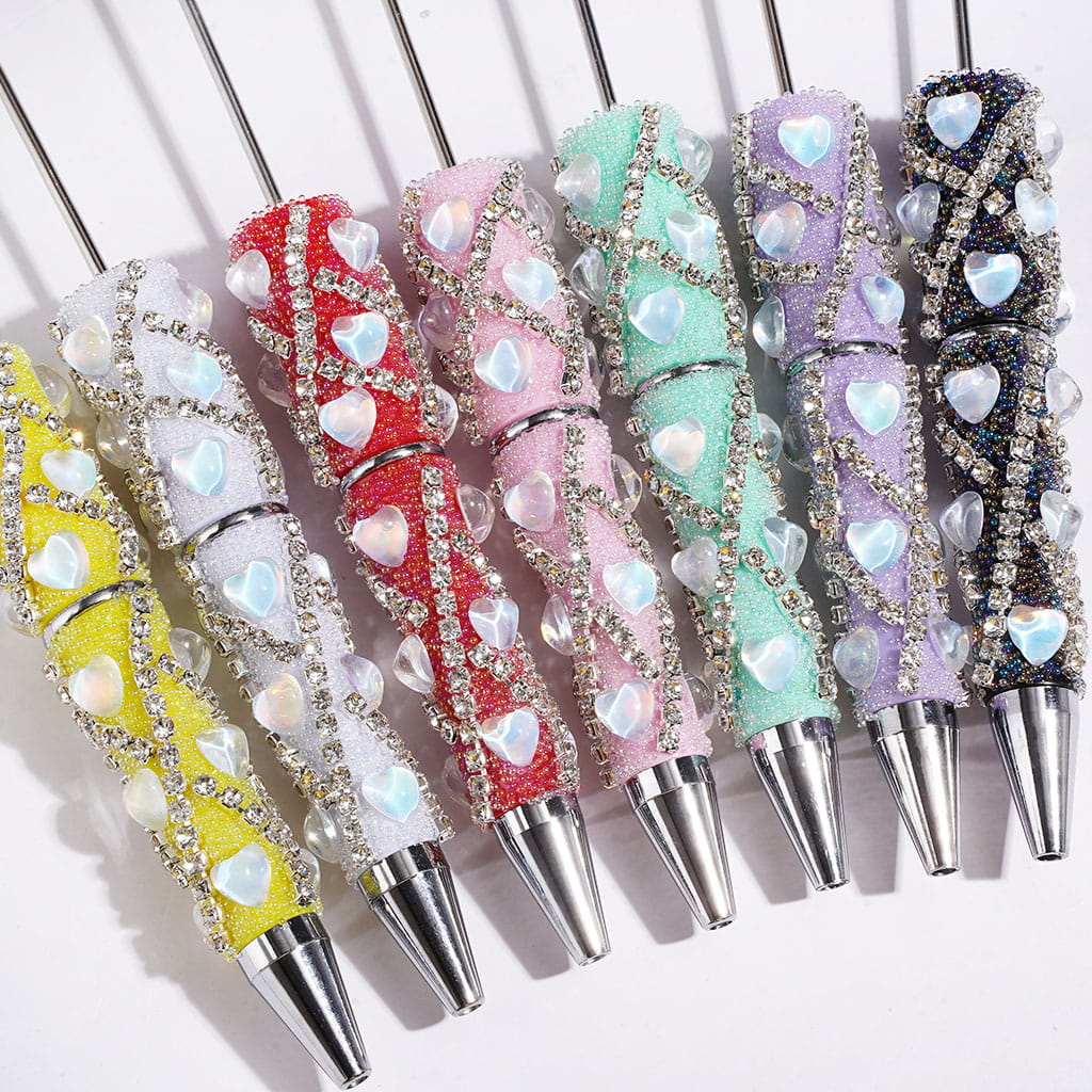 Beadable Clay Pens with Full Heart and "X" Shaped Clear Rhinestone Chains, Mini Iridescent Bubble Balls Covered Entire the Pens, Multi-Color