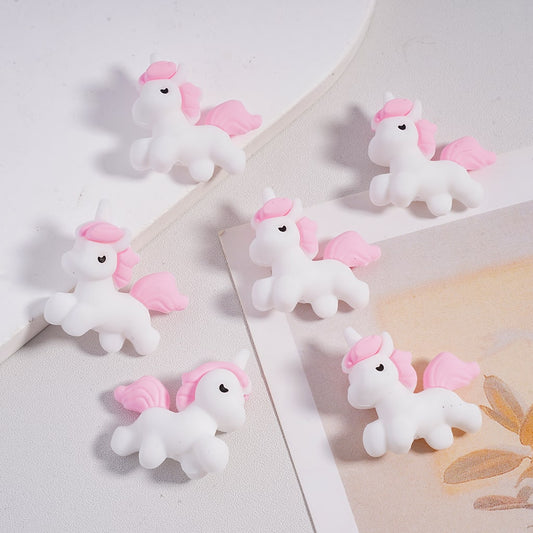 Silicone Focal Beads 3D Cute White Unicorn Pony with Pink Mane and Tail
