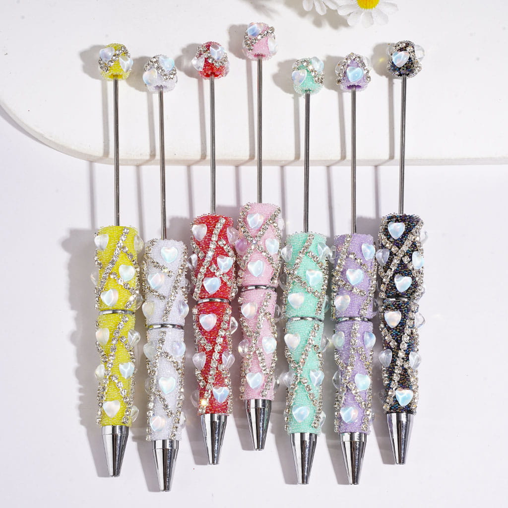 Beadable Clay Pens with Full Heart and "X" Shaped Clear Rhinestone Chains, Mini Iridescent Bubble Balls Covered Entire the Pens, Multi-Color
