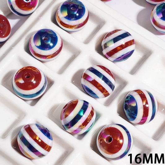 Acrylic Beads for Bracelets UV Coating with Red-White-Blue Stripes, 16MM