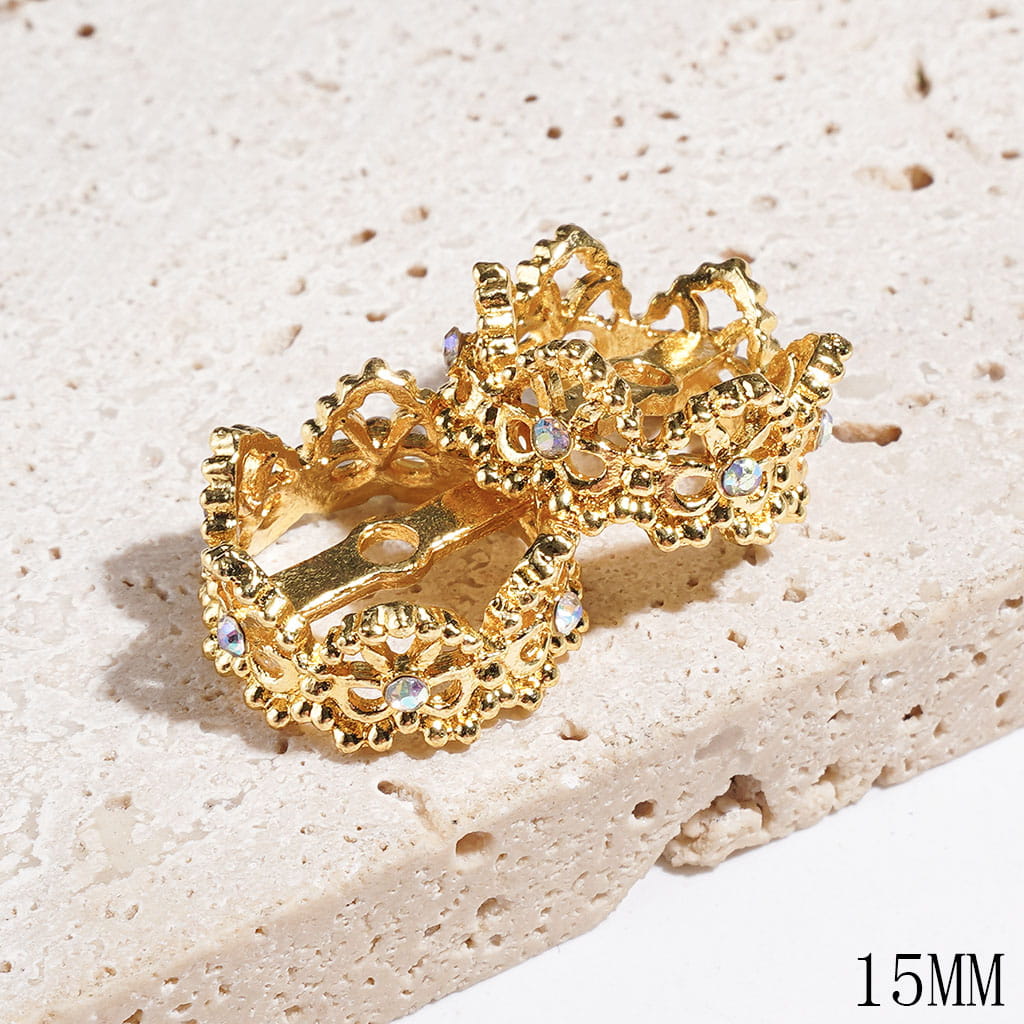 Alloy Beads Cages Crown Design with Heart and Bowtie, Bead Cap with Rhinestones, 15MM, Gold and Silver