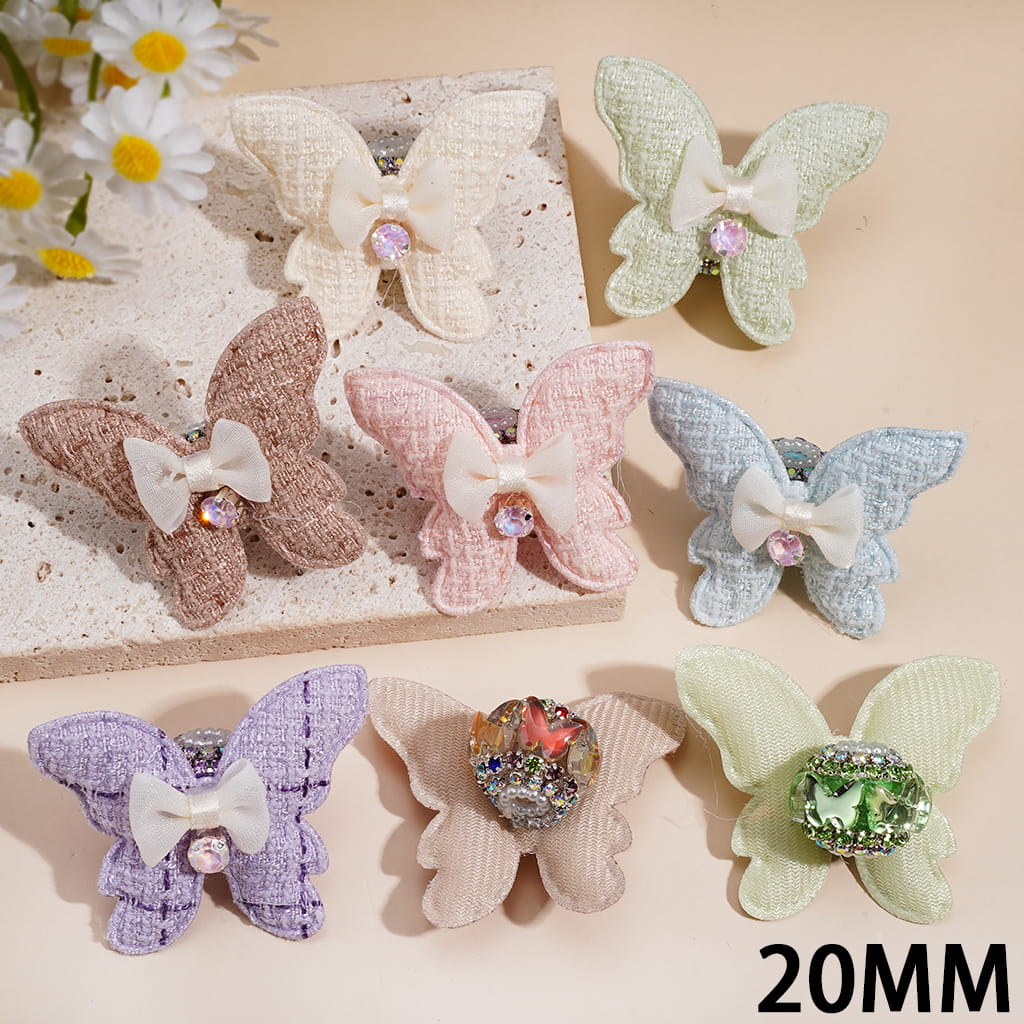 Hand-Made Acrylic Beads w Butterflies and various Colors Rhinestones, Fabric Butterfly & Bowtie & White Pearl Loop, 20MM, Random Mix