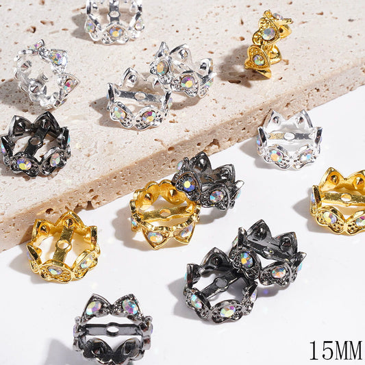 Metal Beads Cages Crown Design, Bead Cap with Heart and AB Rhinestones, 15MM, Gold & Silver & Gun Black