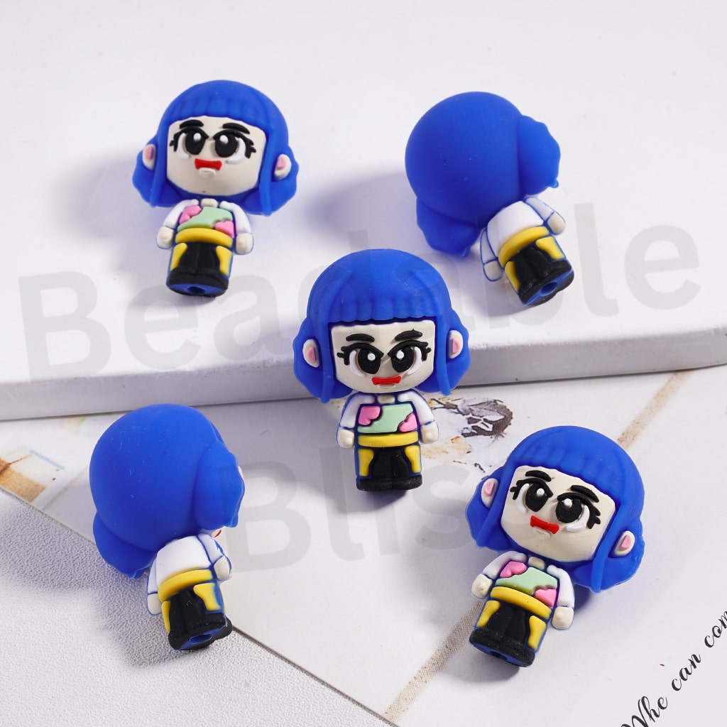 Silicone Focal Beads 3D Cute Cartoon Figure with Blue Hair
