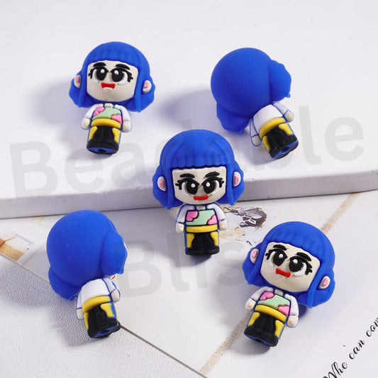 Silicone Focal Beads 3D Cute Cartoon Figure with Blue Hair