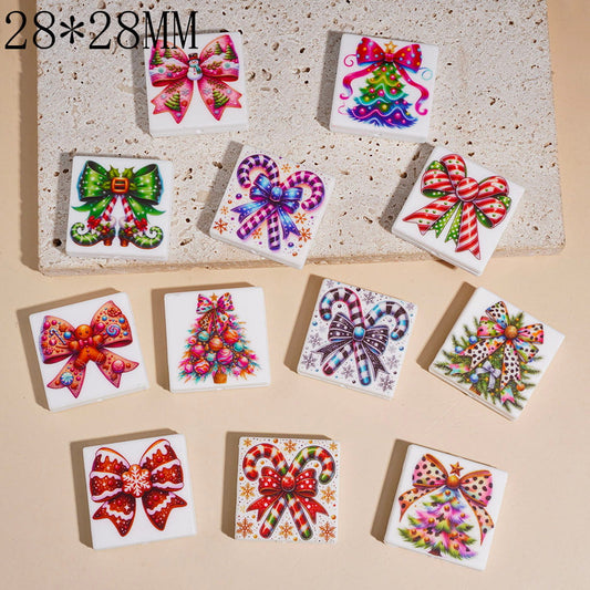 Silicone Focal Beads with Bowtie Christmas Series, Flat Square Shape, 28*28MM Random Mix