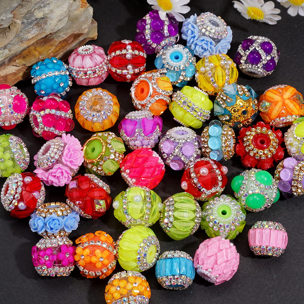Hand-Made Acrylic Beads w Rhinestone & Pearl Embellishments, Fluorescent Colors, Random Mix