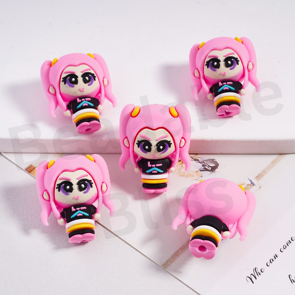 Silicone Focal Beads 3D Cute Beautiful Girl Figure with Pink Twin Ponytails Hair