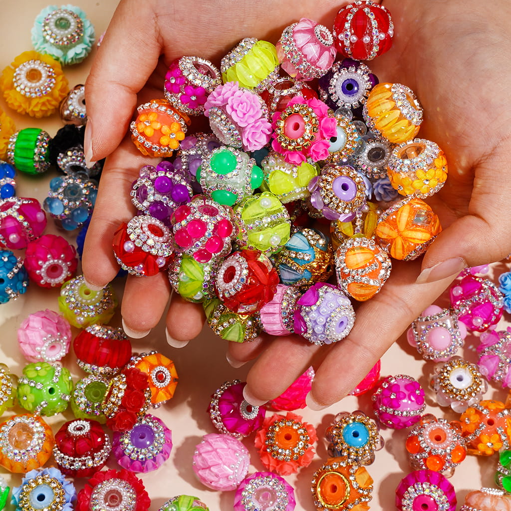 Hand-Made Acrylic Beads w Rhinestone & Pearl Embellishments, Fluorescent Colors, Random Mix