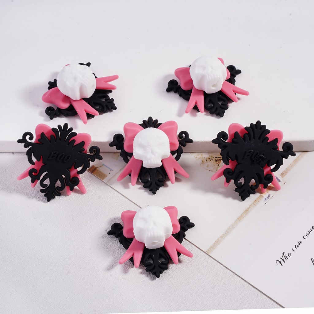 Silicone Focal Beads 3D Cool Gothic Skull with Pink Bowtie and Black Lines