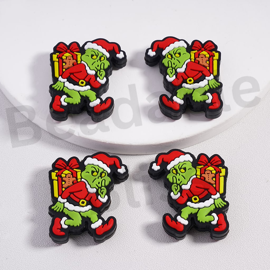 Silicone Focal Beads Green Monster Carrying Christmas Presents Gingerbread with Red Hat