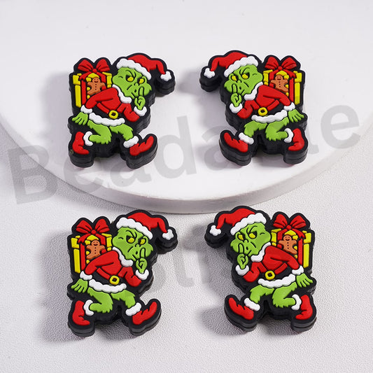 Silicone Focal Beads Green Monster Carrying Christmas Presents Gingerbread with Red Hat