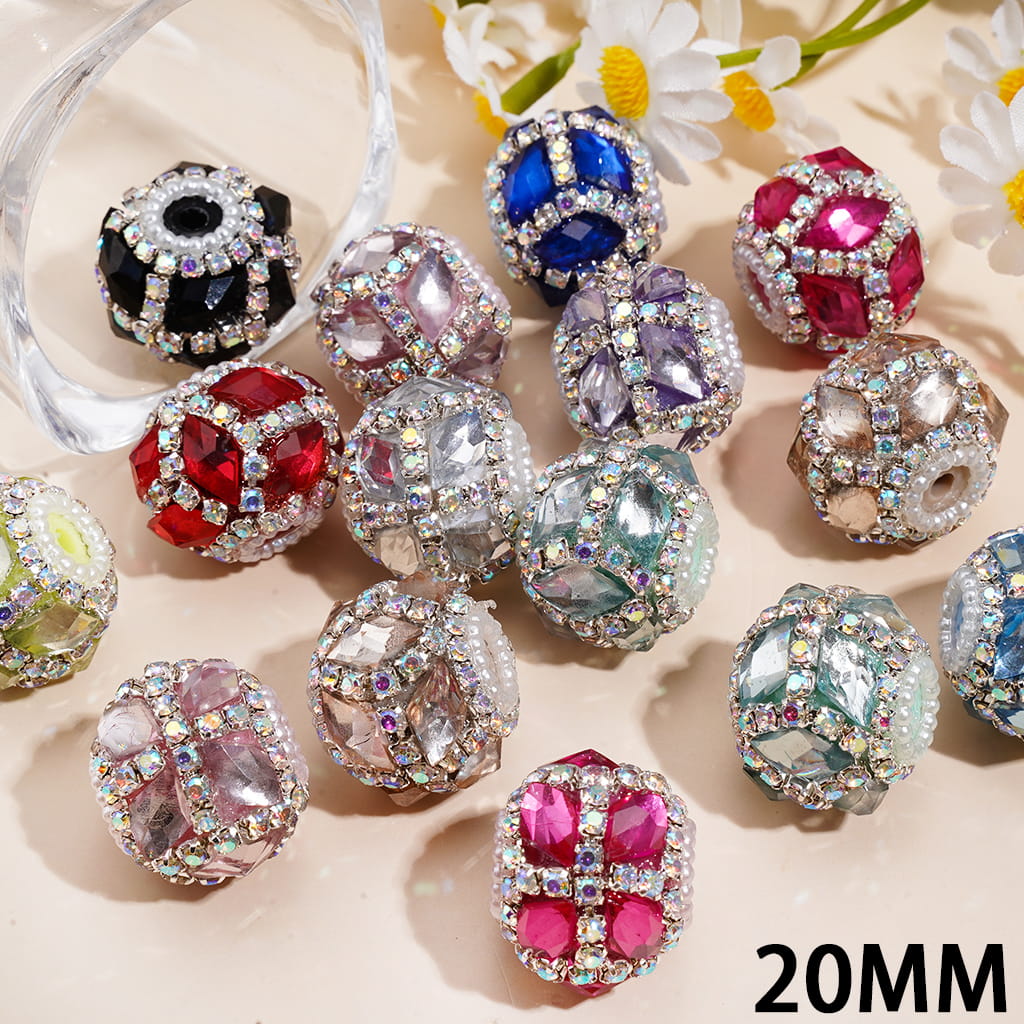 Hand-Made Acrylic Beads w Rhombus Shaped Rhinestones & AB Rhinestone Chain & Pearl Trim, 20MM, Random Mix