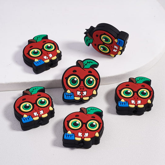 Silicone Focal Beads Cute Red Apple with Glasses Holding Blue School Bag