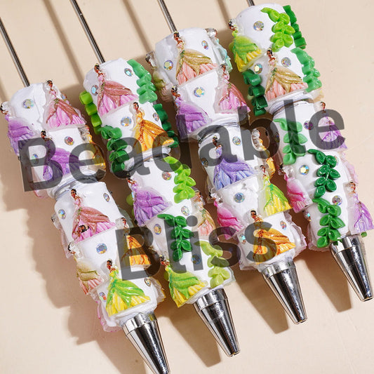 Beadable Clay Pens with Princess Character and Green Leaf, AB Rhinestones, Assorted Style