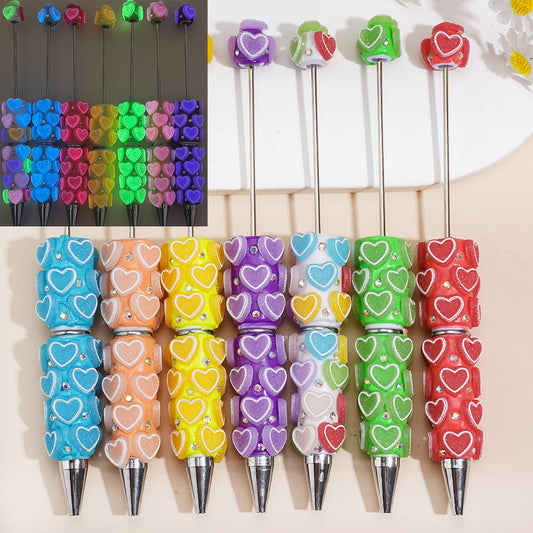 Beadable Clay Pens with Luminous Matte Frosted Hearts and AB Rhinestones, Neon Colors