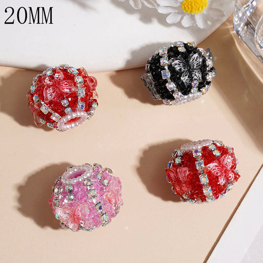 Handmade Acrylic Sugar Beads Translucent Butterfly with White Pattern, AB Rhinestones and White Pearl Chains, 20MM Multi-Color Random Mix