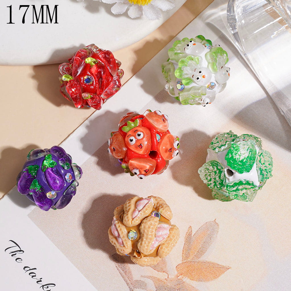 Clay Beads Vegetables Series w Peanut Chili Pepper Carrot Eggplant Napa Cabbage, AB Rhinestones, 17MM Random Mix Multi-Color