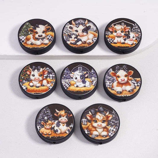 Silicone Focal Beads Cute Highland Cow Series Christmas with Different Designs, Flat Round Shape, Random Mix