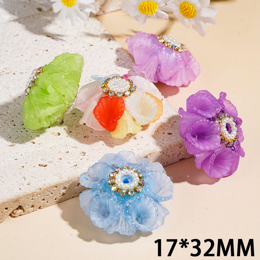 Handcrafted Acrylic Beads with Morning Glory Flower, AB Rhinestone and White Pearl Chains, 17*32MM, Multicolor, Random Mix